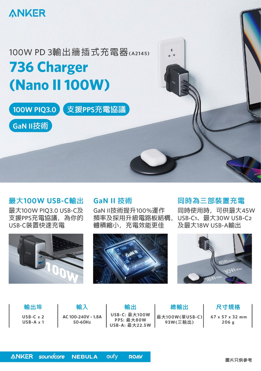 Anker 736 Charger (Nano II 100W)充電器 (A2145)