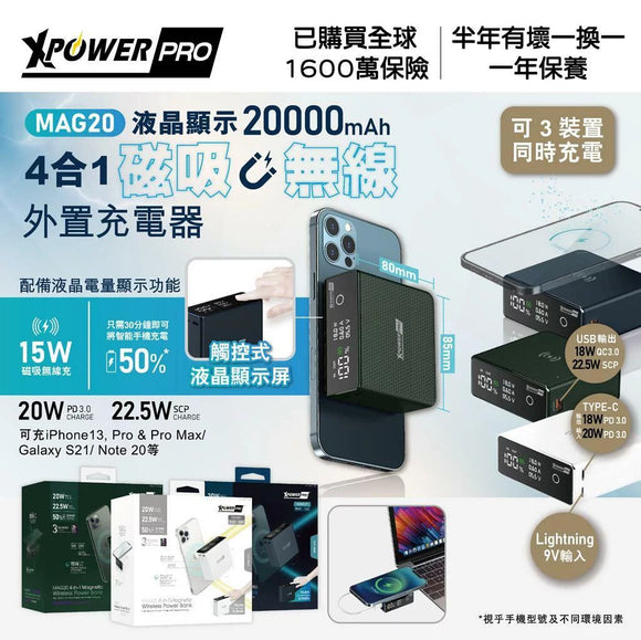 XPowerPro MAG20 液晶顯示20000mAh 4合1磁吸無線外置充電器