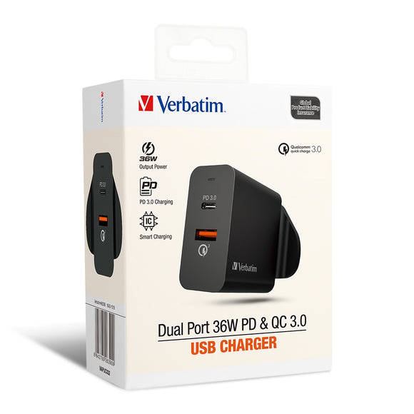 Verbatim Dual Port 36W PD & QC 3.0 USB充電器 (66390)