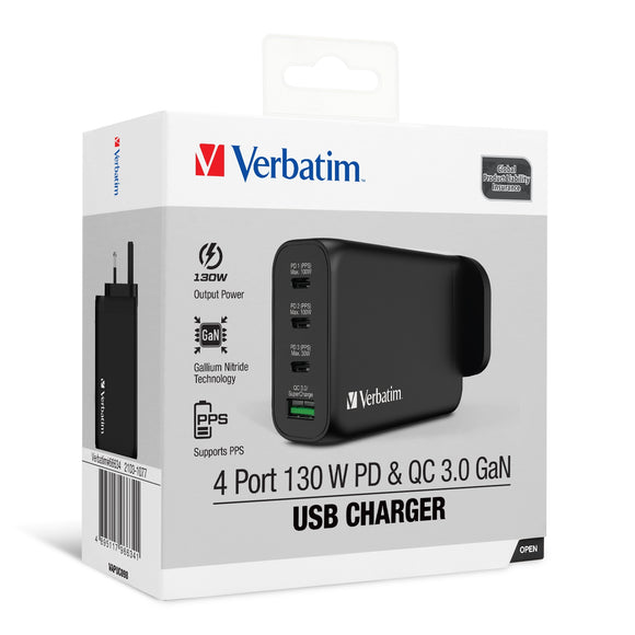Verbatim 4 Port 130W PD 3.0 & QC 3.0 GaN USB充電器 (66634)