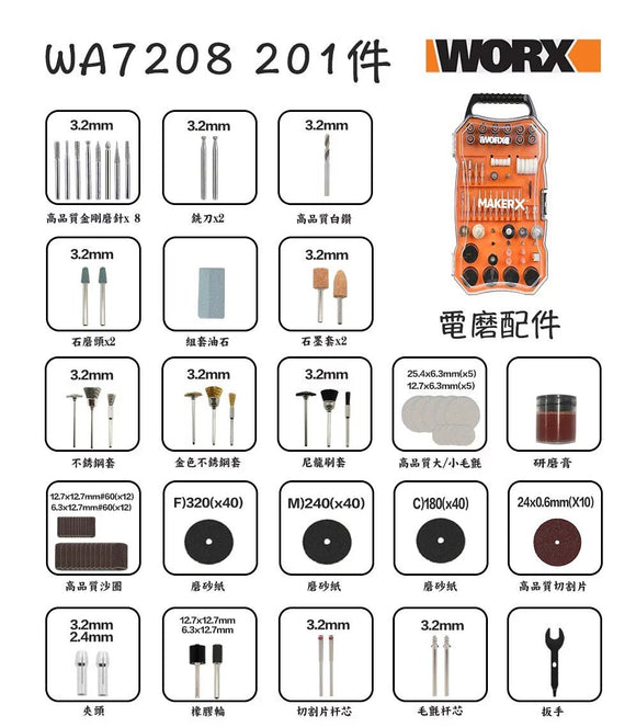 WORX WA7208 電磨筆打磨切割配件 (201件裝) (WX750/WX106/WX739可用)